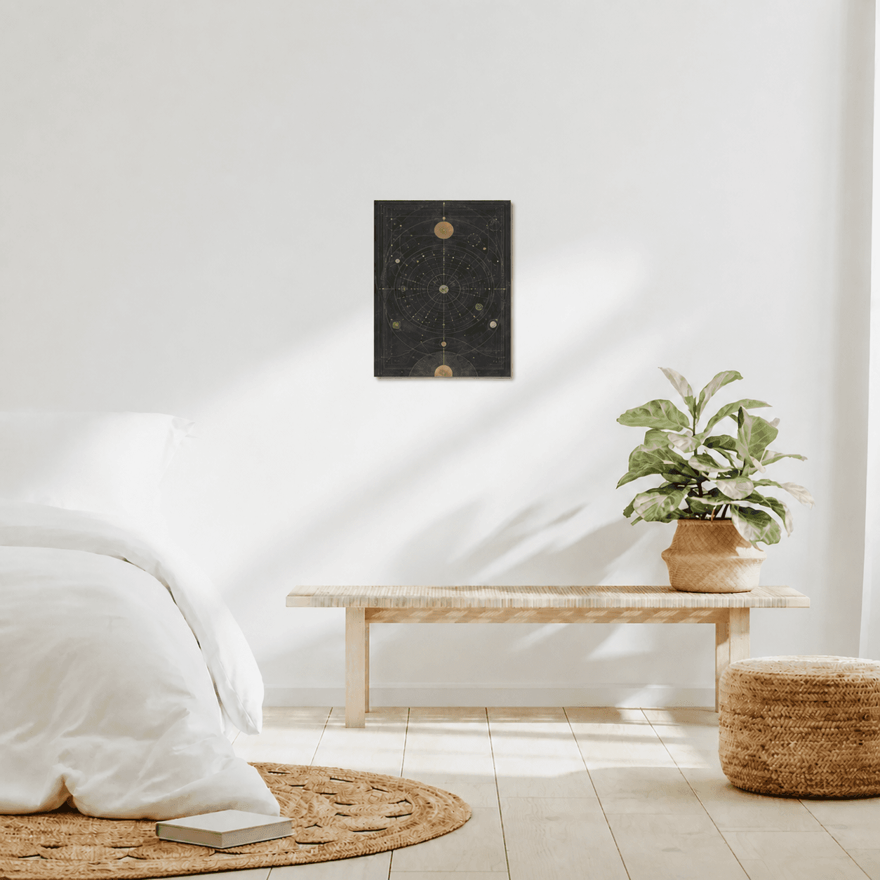 A dark celestial Natalis artist canvas displayed in a softly lit bedroom.