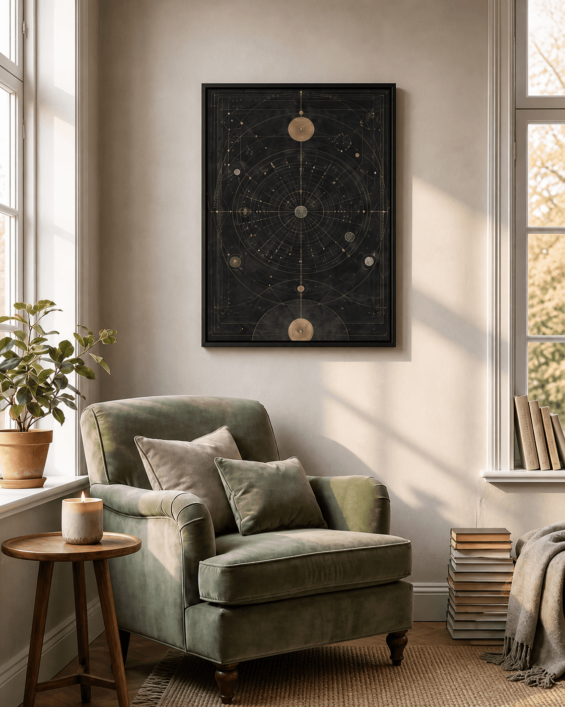 A dark celestial Natalis canvas in a slim black floating frame above a sage armchair.