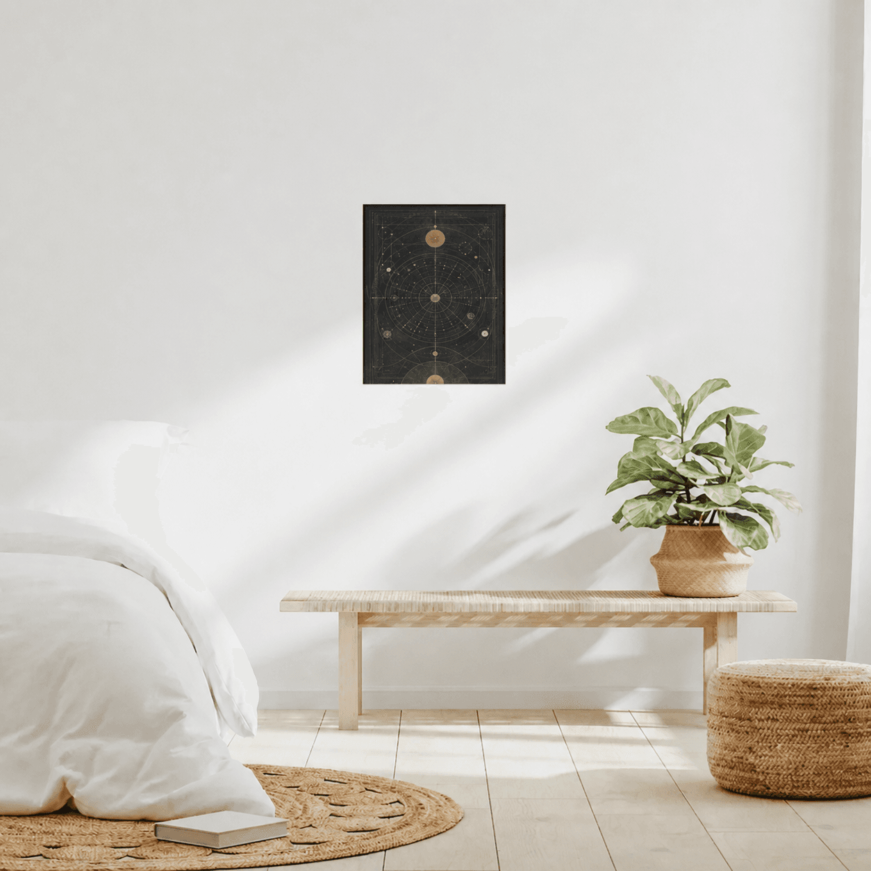 A dark celestial Natalis gallery poster displayed in a softly lit bedroom.